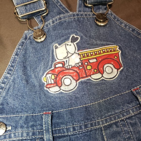 Vintage Denim Overalls Fire Truck Firefighter Design Adjustable Durable 12m Size - Picture 8 of 11